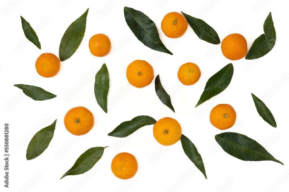 Background with tangerines. Tangerines with leaves isolated on white.