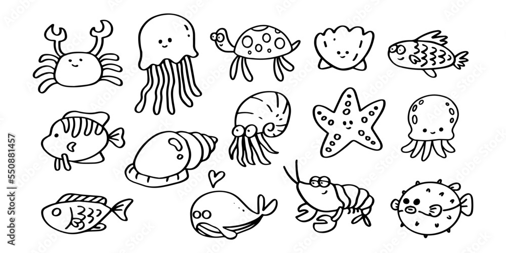 Set of ocean fish hand drawn line art illustration for ornament and design element