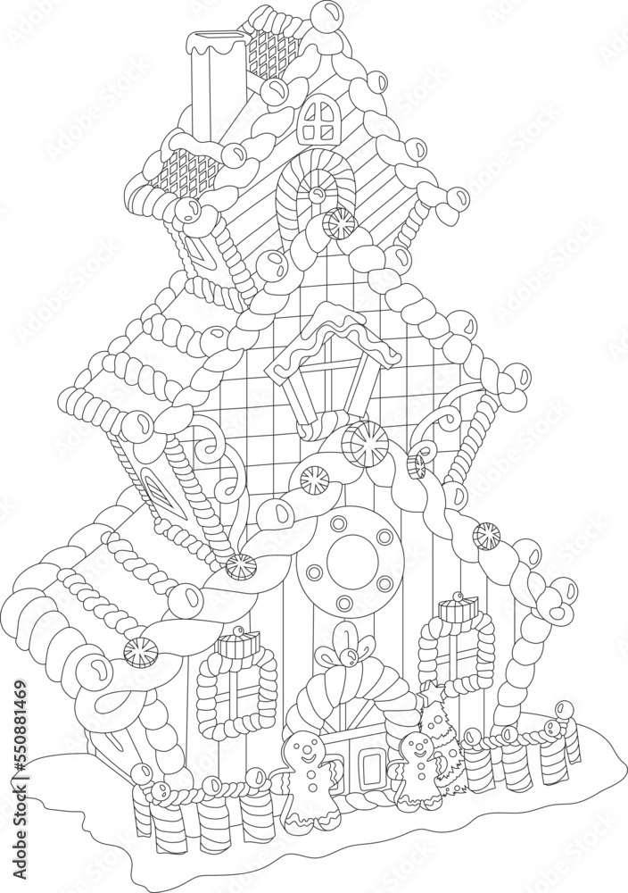 Cartoon cute gingerbread house with candy sketch template. Christmas vector illustration of cookie home in black and white for games. Children's story book, fairytail, coloring paper, page, print