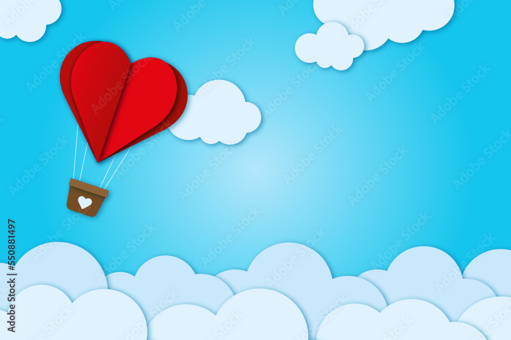 Basket with a heart balloon in the blue sky among the clouds, paper style