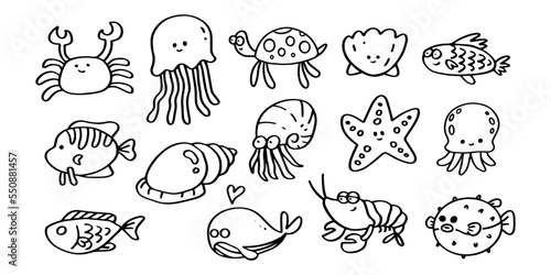Set of ocean fish hand drawn line art illustration for ornament and design element