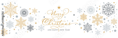 Merry Christmas and happy new year banner in english with stars and snow crystals in three colors, gold, light gray and blue gray
