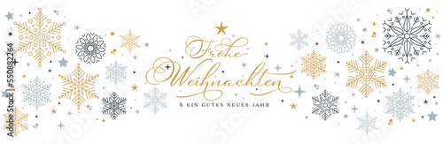 Banner für frohe Weihnachten und ein gutes neues Jahr auf Deutsch mit Sternen und Schneekristallen in drei Farben, Gold, Hellgrau und Blaugrau photo