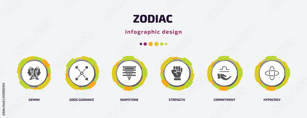 zodiac infographic element with filled icons and 6 step or option. zodiac icons such as gemini, gods guidance, soapstone, strength, commitment, hypocrisy vector. can be used for banner, info graph, zodiac infographic element with filled icons and 6 step or option. zodiac icons such as gemini, gods guidance, soapstone, strength, commitment, hypocrisy vector. can be used for banner, info graph,