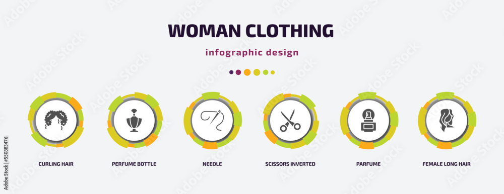 woman clothing infographic element with filled icons and 6 step or option. woman clothing icons such as curling hair, perfume bottle, needle, scissors inverted view, parfume, female long hair woman clothing infographic element with filled icons and 6 step or option. woman clothing icons such as curling hair, perfume bottle, needle, scissors inverted view, parfume, female long hair