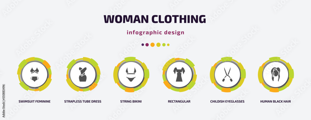 woman clothing infographic element with filled icons and 6 step or option. woman clothing icons such as swimsuit feminine, strapless tube dress, string bikini, rectangular, childish eyeglasses, woman clothing infographic element with filled icons and 6 step or option. woman clothing icons such as swimsuit feminine, strapless tube dress, string bikini, rectangular, childish eyeglasses,