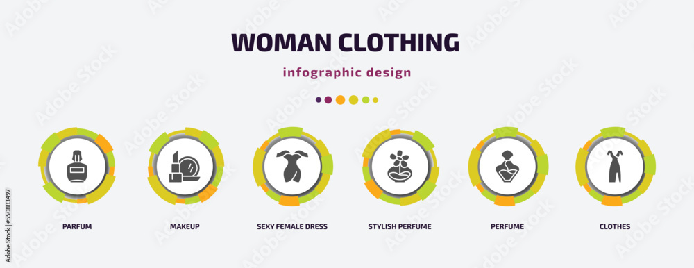woman clothing infographic element with filled icons and 6 step or option. woman clothing icons such as parfum, makeup, sexy female dress, stylish perfume bottle, perfume, clothes vector. can be woman clothing infographic element with filled icons and 6 step or option. woman clothing icons such as parfum, makeup, sexy female dress, stylish perfume bottle, perfume, clothes vector. can be