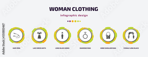woman clothing infographic element with filled icons and 6 step or option. woman clothing icons such as hair iron, lace dress with belt, long black gown, diamond ring, hobo shoulder bag, female long