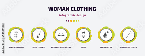 woman clothing infographic element with filled icons and 6 step or option. woman clothing icons such as dangling earrings, liquid eyeliner, rectangular eyeglasses, bikini, parfum bottle, eyes makeup