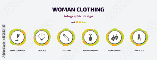 woman clothing infographic element with filled icons and 6 step or option. woman clothing icons such as creme container black, necklace, safety pin, feminine fashion, round earrings, bow black