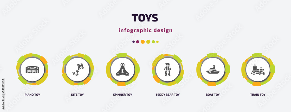 toys infographic element with filled icons and 6 step or option. toys icons such as piano toy, kite toy, spinner toy, teddy bear boat train vector. can be used for banner, info graph, web. toys infographic element with filled icons and 6 step or option. toys icons such as piano toy, kite toy, spinner toy, teddy bear boat train vector. can be used for banner, info graph, web.