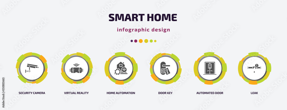 smart home infographic element with filled icons and 6 step or option. smart home icons such as security camera, virtual reality, home automation, door key, automated door, leak vector. can be used smart home infographic element with filled icons and 6 step or option. smart home icons such as security camera, virtual reality, home automation, door key, automated door, leak vector. can be used