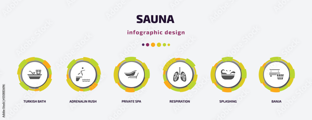 sauna infographic element with filled icons and 6 step or option. sauna icons such as turkish bath, adrenalin rush, private spa, respiration, splashing, banja vector. can be used for banner, info sauna infographic element with filled icons and 6 step or option. sauna icons such as turkish bath, adrenalin rush, private spa, respiration, splashing, banja vector. can be used for banner, info