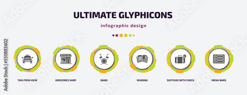 ultimate glyphicons infographic element with filled icons and 6 step or option. ultimate glyphicons icons such as taxi fron view, groceries shop, band, reading, suitcase with check, menu bars photo