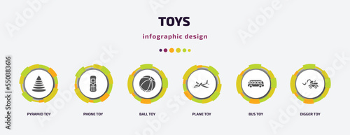 toys infographic element with filled icons and 6 step or option. toys icons such as pyramid toy, phone toy, ball toy, plane bus digger vector. can be used for banner, info graph, web.