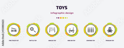 toys infographic element with filled icons and 6 step or option. toys icons such as fire truck toy, rattle toy, abacus toy, ride on crayons penguin vector. can be used for banner, info graph, web.