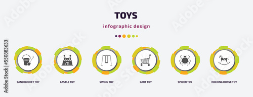 toys infographic element with filled icons and 6 step or option. toys icons such as sand bucket toy, castle toy, swing toy, cart spider rocking horse vector. can be used for banner, info graph, web.