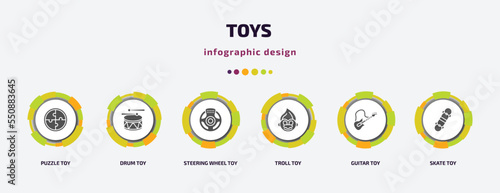 toys infographic element with filled icons and 6 step or option. toys icons such as puzzle toy, drum toy, steering wheel toy, troll guitar skate vector. can be used for banner, info graph, web.
