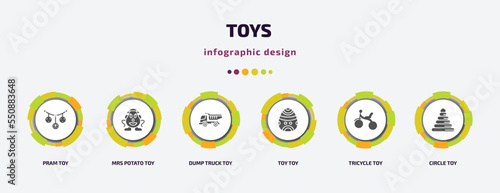 toys infographic element with filled icons and 6 step or option. toys icons such as pram toy, mrs potato toy, dump truck toy, tricycle circle vector. can be used for banner, info graph, web.