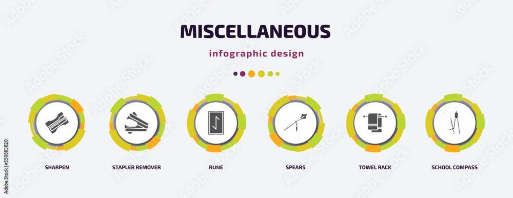 miscellaneous infographic element with filled icons and 6 step or option. miscellaneous icons such as sharpen, stapler remover, rune, spears, towel rack, school compass vector. can be used for miscellaneous infographic element with filled icons and 6 step or option. miscellaneous icons such as sharpen, stapler remover, rune, spears, towel rack, school compass vector. can be used for