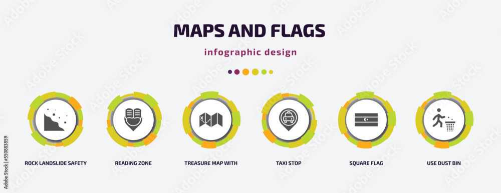 maps and flags infographic element with filled icons and 6 step or option. maps and flags icons such as rock landslide safety, reading zone, treasure map with x, taxi stop, square flag, use dust bin maps and flags infographic element with filled icons and 6 step or option. maps and flags icons such as rock landslide safety, reading zone, treasure map with x, taxi stop, square flag, use dust bin