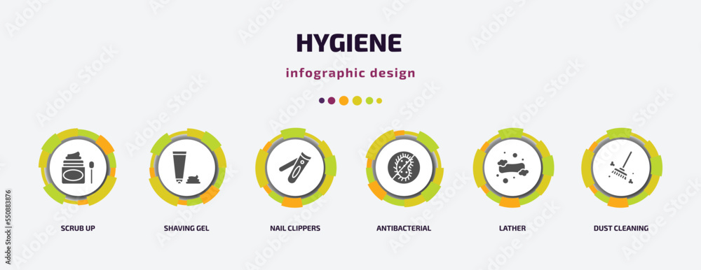 hygiene infographic element with filled icons and 6 step or option. hygiene icons such as scrub up, shaving gel, nail clippers, antibacterial, lather, dust cleaning vector. can be used for banner, hygiene infographic element with filled icons and 6 step or option. hygiene icons such as scrub up, shaving gel, nail clippers, antibacterial, lather, dust cleaning vector. can be used for banner,
