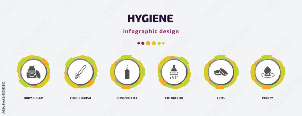 hygiene infographic element with filled icons and 6 step or option. hygiene icons such as body cream, toilet brush, pump bottle, extractor, lens, purity vector. can be used for banner, info graph, hygiene infographic element with filled icons and 6 step or option. hygiene icons such as body cream, toilet brush, pump bottle, extractor, lens, purity vector. can be used for banner, info graph,