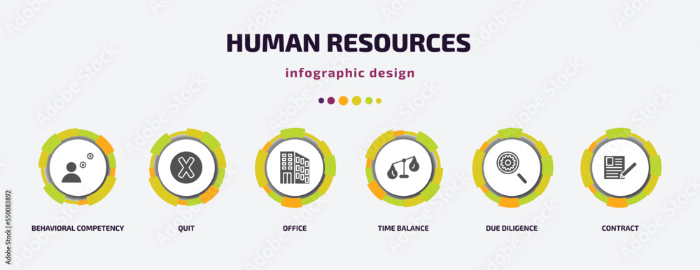 human resources infographic element with filled icons and 6 step or option. human resources icons such as behavioral competency, quit, office, time balance, due diligence, contract vector. can be human resources infographic element with filled icons and 6 step or option. human resources icons such as behavioral competency, quit, office, time balance, due diligence, contract vector. can be