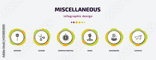 miscellaneous infographic element with filled icons and 6 step or option. miscellaneous icons such as diminish, scissor, compass pointing north, swiss, washboard, catapult vector. can be used for