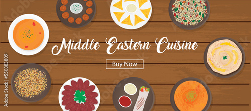 Set of Middle Eastern cuisine. Collection of arabic food -  hummus, shawarma, falafel, lentil soup, tabbouleh, kanafeh, samosa, basturma, mujaddara isolated on brown wooden table, top view