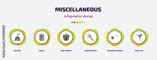 miscellaneous infographic element with filled icons and 6 step or option. miscellaneous icons such as refugee, enlist, body weight, carpet beater, measuring spoon, muay thai vector. can be used for