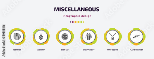 miscellaneous infographic element with filled icons and 6 step or option. miscellaneous icons such as abstract, alchemy, beer cap, wrapped gift, army dog tag, flame thrower vector. can be used for