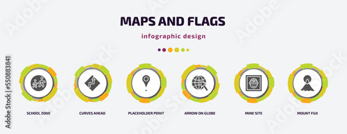 maps and flags infographic element with filled icons and 6 step or option. maps and flags icons such as school zone, curves ahead, placeholder point, arrow on globe, mine site, mount fuji vector.