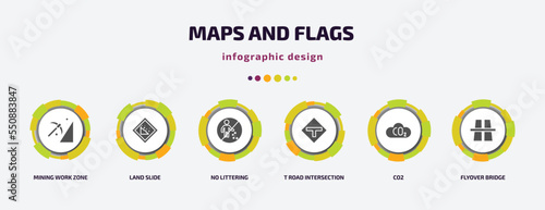 maps and flags infographic element with filled icons and 6 step or option. maps and flags icons such as mining work zone, land slide, no littering, t road intersection, co2, flyover bridge vector.