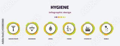 hygiene infographic element with filled icons and 6 step or option. hygiene icons such as shaving razor, washbasin, urinal, throw, hygiene kit, bubble vector. can be used for banner, info graph,