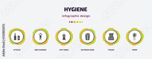 hygiene infographic element with filled icons and 6 step or option. hygiene icons such as lip balm, body shaming, face towel, detergent dose, tissues, primp vector. can be used for banner, info
