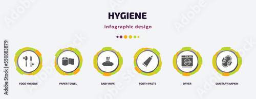 hygiene infographic element with filled icons and 6 step or option. hygiene icons such as food hygiene, paper towel, baby wipe, tooth paste, dryer, sanitary napkin vector. can be used for banner,