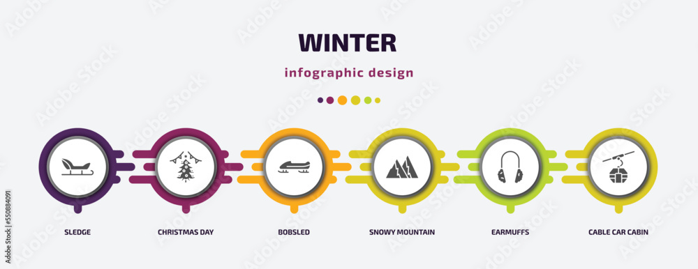 winter infographic element with filled icons and 6 step or option. winter icons such as sledge, christmas day, bobsled, snowy mountain, earmuffs, cable car cabin vector. can be used for banner, info winter infographic element with filled icons and 6 step or option. winter icons such as sledge, christmas day, bobsled, snowy mountain, earmuffs, cable car cabin vector. can be used for banner, info