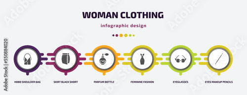 woman clothing infographic element with filled icons and 6 step or option. woman clothing icons such as hobo shoulder bag, skirt black short, parfum bottle, feminine fashion, eyeglasses, eyes makeup