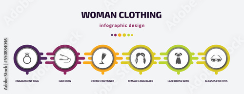 woman clothing infographic element with filled icons and 6 step or option. woman clothing icons such as engagement ring, hair iron, creme container black, female long black hair, lace dress with