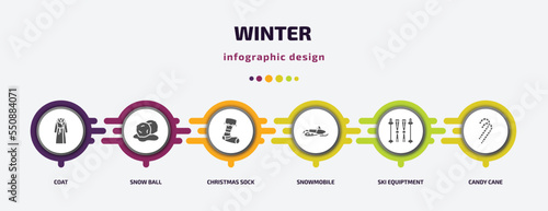 winter infographic element with filled icons and 6 step or option. winter icons such as coat, snow ball, christmas sock, snowmobile, ski equiptment, candy cane vector. can be used for banner, info