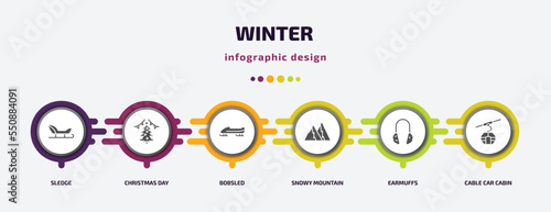 winter infographic element with filled icons and 6 step or option. winter icons such as sledge, christmas day, bobsled, snowy mountain, earmuffs, cable car cabin vector. can be used for banner, info