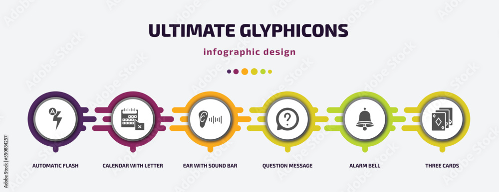 ultimate glyphicons infographic element with filled icons and 6 step or option. ultimate glyphicons icons such as automatic flash, calendar with letter x, ear with sound bar, question message, alarm ultimate glyphicons infographic element with filled icons and 6 step or option. ultimate glyphicons icons such as automatic flash, calendar with letter x, ear with sound bar, question message, alarm