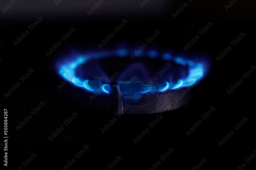The burner of a gas stove burns with a blue flame on a dark background close-up The burner of a gas stove burns with a blue flame on a dark background close-up