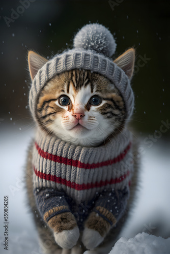 kitten in santa claus cap in the snow, snowy christmas