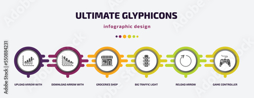 ultimate glyphicons infographic element with filled icons and 6 step or option. ultimate glyphicons icons such as upload arrow with bar, download arrow with bar, groceries shop, big traffic light,