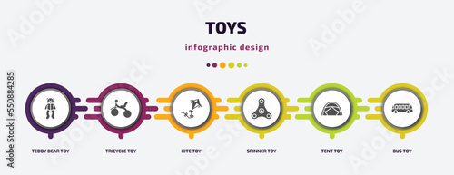 toys infographic element with filled icons and 6 step or option. toys icons such as teddy bear toy, tricycle toy, kite toy, spinner tent bus vector. can be used for banner, info graph, web.