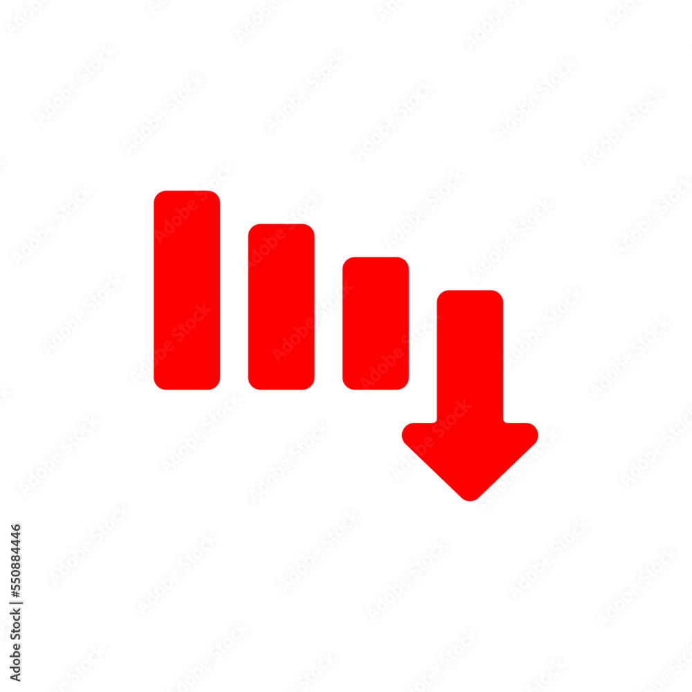 Graph down icon. Grow chart, business symbol. Profit growing sign red. Progress bar icon in vector flat style. Graph down icon. Grow chart, business symbol. Profit growing sign red. Progress bar icon in vector flat style.