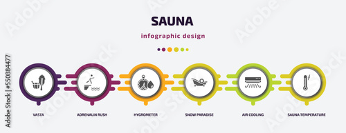 sauna infographic element with filled icons and 6 step or option. sauna icons such as vasta, adrenalin rush, hygrometer, snow paradise, air cooling, sauna temperature vector. can be used for banner,