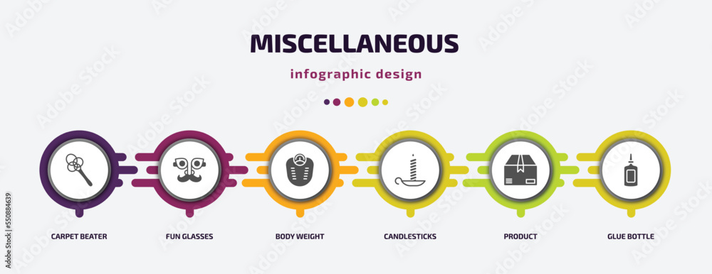 miscellaneous infographic element with filled icons and 6 step or option. miscellaneous icons such as carpet beater, fun glasses, body weight, candlesticks, product, glue bottle vector. can be used miscellaneous infographic element with filled icons and 6 step or option. miscellaneous icons such as carpet beater, fun glasses, body weight, candlesticks, product, glue bottle vector. can be used